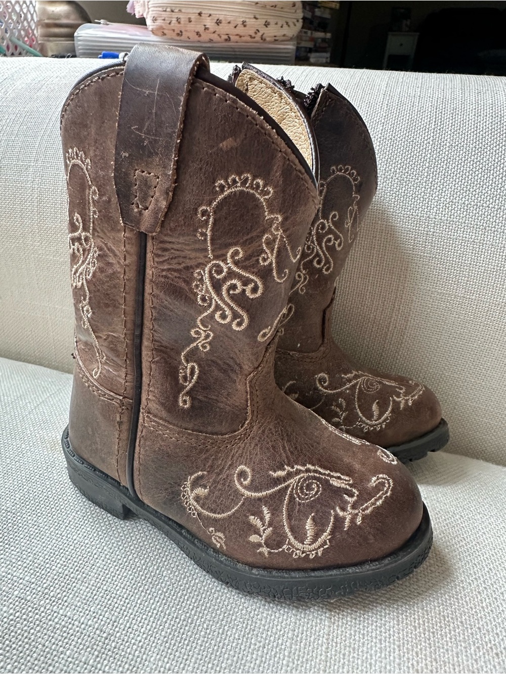 Smoky Toddler Girls Cowboy Boots Size 5 Brown Leather Upper Embroidered Western